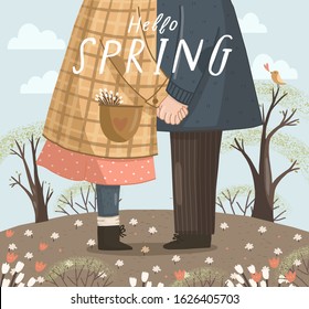 Hello spring! Cute vector illustration for valentines day, february 14th. Drawing of a couple in love in nature. Picture for card, postcard or background.
 
