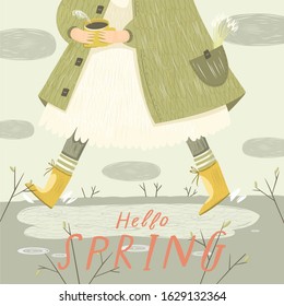 Hello spring! Cute vector illustration of a girl in a dress and coat and boots running through the puddles. Drawing for postcard, card or poster.
 
