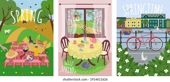 Hello Spring cute vector poster set. Outdoor picnic on grass and sowing, vacation in nature and village rest, bike on old city embankment and foliage and birds. Springtime hand drawn card or banner