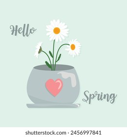 Hello spring and Daisy flower in pot for greeting card. Flat design vector illustration.