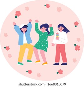 Hello spring, dancing women, fun festival. People Vector Illustrations