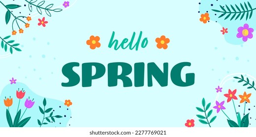 Hello Spring. Spring decoration. Floral background with colourful blooming flower and leaves. Vector illustration