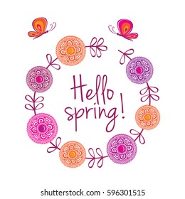 Hello spring. Decorative flowers with butterflies. Greeting card. Spring label with flowers. Elements for your design. Vector