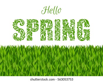 Hello, SPRING. Decorative Font made of swirls and floral elements. Background made of grass.