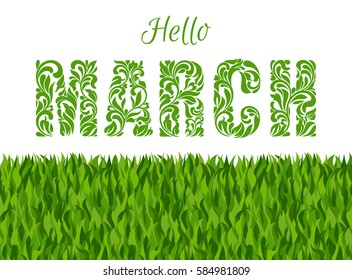 Hello, SPRING. Decorative Font made of swirls and floral elements. Background made of grass