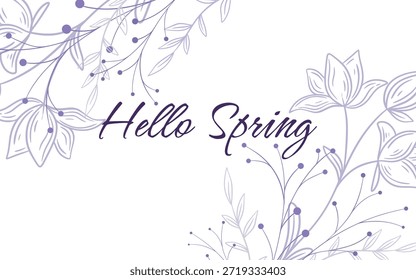 ¡Hola Spring! Delicado Anuncio con siluetas de flores y hierbas. Linda Plantilla floral con texto. Fondo floral púrpura. Gráficos de Vector