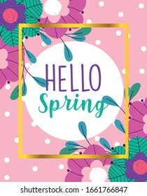 hello spring, delicate flowers bloom nature banner design vector illustration