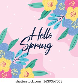 hello spring design with cute flowers in corners. vector illusration