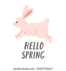 Hello spring design with cute pink rabbit. Design element for cards, posters, postcards and stickers. Isolated vector illustration