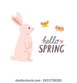 Hello spring design with cute pink rabbit  and butterflies. Design element for cards, posters, postcards and stickers. Isolated vector illustration
