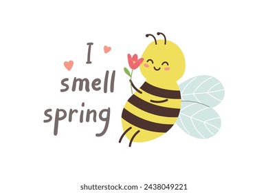 Hola diseño de primavera con la abeja sonriente linda que sostiene la flor. Plantilla para tarjeta postal, tarjeta, etiqueta engomada, impresión. Ilustración de vector aislado 