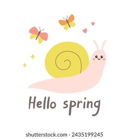 Hello spring design with cute snail and butterflies. Template for cards, posters, postcards, prints and stickers. Isolated vector illustration