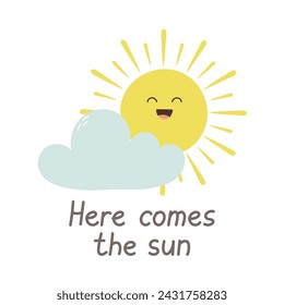 Hello spring design with cute sun and cloud. Design element for cards, posters, postcards and stickers. Isolated vector illustration