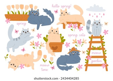 Hallo Frühling Design-Elemente mit lustigen Katzen niedliche Charaktere und Gartenpflanzen mit Blüten Vektor-Illustration. Kunstkomposition mit hübschen Kätzchen und saisonalen Blumen in Töpfen oder im Boden wachsen