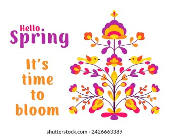 Hola diseño de primavera con flores y aves en el árbol de la vida. Cerezo floreciente, pájaro estornino, flores de primavera. Adorno zoomórfico floral de estilo popular. Flor de primavera abstracta en las ramitas.