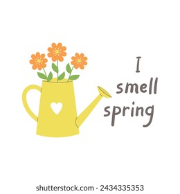 Hallo Frühlingsdesign mit Blumen in Gießkanne. Vorlage für Karten, Poster, Postkarten, Drucke und Aufkleber. Isolierte Vektorgrafik