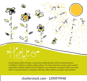 Hello Spring design. Hand-drawn illustration with flowers, cute insects and sun. Hello Spring template. Spring vector background with lettering and doodles