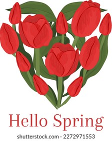 Hola Diseño primavera de tulipanes rojos y hojas en forma cardíaca. Ilustración de flores vectoriales. Concepto de vibraciones de primavera.