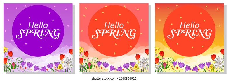 Hello spring design template with a bunch of flowers in bottom, circle in the middle with three different colors