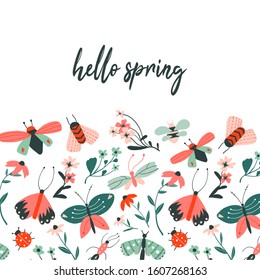 Hello spring. Doodle insects and flowers and leaves. Floral card, banner, poster. Butterflies and moths. Cute cartoon modern flat illustration. Hand drawn decorative vector. 