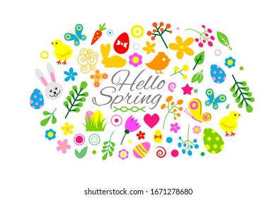 Hello spring and easter collection of cute animals, flowers, elements on white background cartoon vector illustration. Egg, birds, bunny, sun and cloud and flowers for hello spring cards.