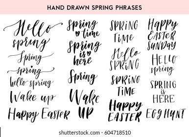 Hello spring and Easter greeting handwriting lettering typography set. Calligraphy overlays, tags, card, poster flyer, graphic design element. 