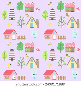 Hello spring easter in a village kids pattern cute rabbit chick bee hand drawn background vector illustration