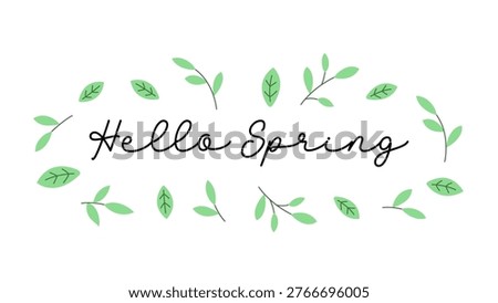 Hello Spring elegant hand lettering with minimal green leaves wreath on white background vector