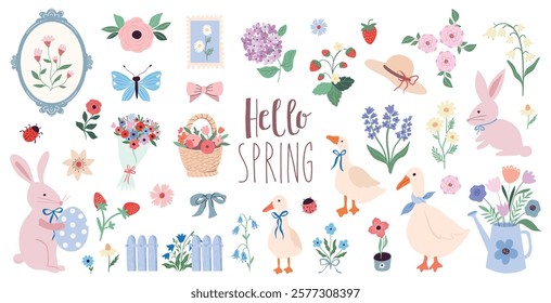 Hello Spring elements collection with different seasonal elements, flowers in bloom, geese and rabbits, vintage style, vector design