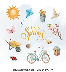 Hello spring elements with tree, blossom, sun, bird, house, bee, bicycle, and wheelbarrow in a seasonal nature scene