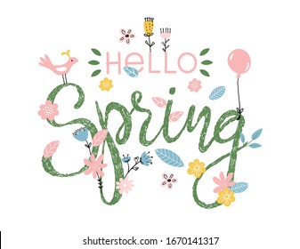 Hello Spring. Embroidered lettering in green and pink with a decoration of flowers and leaves. Lettering welcome for logo, design, greeting card, t-shirt. Vector illustration isolated on a white