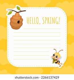 Hello, Spring Empty Sheet with Cute Honey Bee Insect and Hive Vector Templat