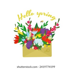 Hello, spring! An envelope with a bright bouquet of spring flowers and green leaves. Vector illustration.