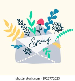 Hello Spring. Envelope with flowers and plants. Trendy floral graphic. Leaves and plants. Spring holidays. Women's day. Easter.