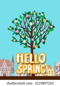 Hello Spring in the Europe city architecture, with tree blossoms. Vector illustration