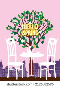 Hello Spring in the Europe city architecture, with tree blossoms. Street cafe, chairs, table, coffee pot. Vector illustration