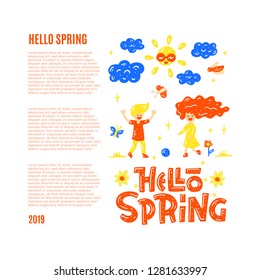 Hello spring. Flat clipart collection. Lettering with illustrations. Spring holiday. Boy and gril play outdoor. Vector illustration