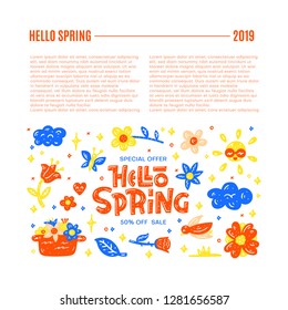Hello spring. Flat clipart collection. Lettering with illustrations. Spring holiday.Text template