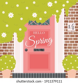 Hello Spring Flat Design Card. Vector Illustration.