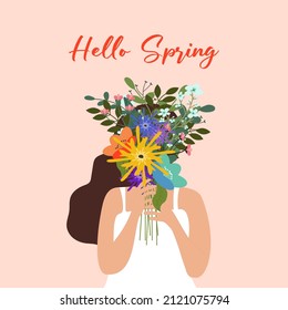 Hola Ilustración de diseño plano de primavera. Chica con un ramo de flores.