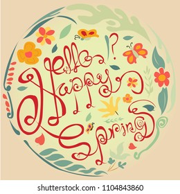 Hello spring in flat style with flowers, leaves and geometric shapes. Circle nature icon. graphic floral design element in minimal modern style. Vector illustration.