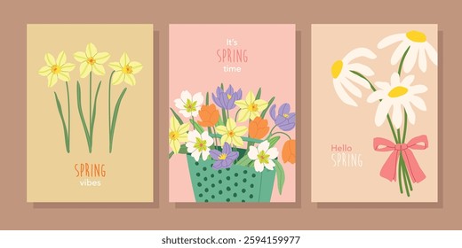 Hello Spring flat vector illustration in modern simple style. Hand drawn tulips, snowdrops and camomile flowers. Cute premade template set for banners, greeting card and posters