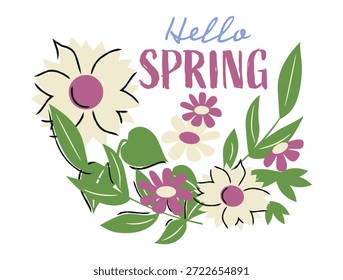 Hello Spring Floral Arrangement with Stylized Flowers and Leaves
