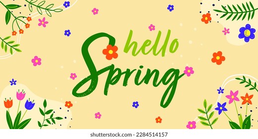 Hallo Frühling. Blumenhintergrund. Frühlingsdekoration mit farbenfroher, handgezeichneter Blume und Blättern. Vektorgrafik