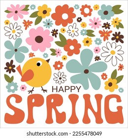 Hello spring. Floral background in retro groovy style. A postcard or banner with floral design, a bird and text. Modern naive groovy funky decor for postcards, posters. Flat vector illustration.