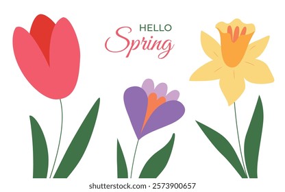 Hello Spring floral background with text. Giant spring and summer flowers. Botanical modern style. Great for greeting cards, banners, flyers, birthday and mom's day greetings. Vector.