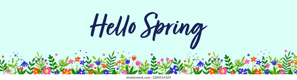 Hello Spring. Floral banner. Spring decoration with colourful blooming flower and leaves. Vector illustration