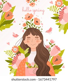 Hello Spring floral card design with young girl with flowing long brunette hair surrounded by assorted fresh flowers, songbirds and greenery in shades of orange and green on white, vector illustration