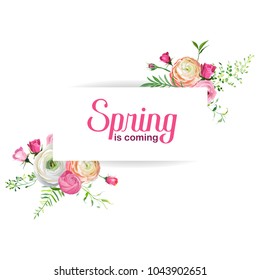 Hello Spring Floral Card for Holidays Decoration. Wedding Invitation, Greeting Template with Blooming Pink Flowers. Vector illustration