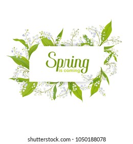 Hello Spring Floral Card for Holidays Decoration. Wedding Invitation, Greeting Template with Blooming Lily Valley Flowers. Vector illustration